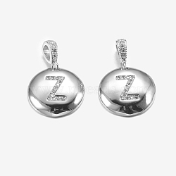Brass Pendants, with Cubic Zirconia, Cadmium Free & Lead Free, Flat Round with Letter, Platinum, Letter.Z, 22mm, Hole: 2x3mm, Pendant: 15x3mm(KK-K194-Z-P-RS)