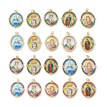Brass Micro Pave Cubic Zirconia Pendants, with Jump Ring and Glass, Real 18K Gold Plated, Oval with Virgin Mary, Mixed Color, 31x24x3mm, Jump Ring: 5x0.8mm, Inner Diameter: 3.4mm