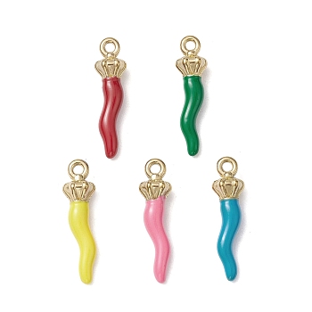 Ion Plating(IP) 304 Stainless Steel Pendants, with Enamel, Real 18K Gold Plated, Horn of Plenty/Italian Horn Cornicello Charms, Mixed Color, 30x7.5x7mm, Hole: 2mm