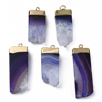 Natural Agate Pendants, Dyed, with Golden Brass Findings, Rack Plating, Nuggets, Medium Purple, 40~50x14.5~17x7.5~8.5mm, Hole: 1.8mm
