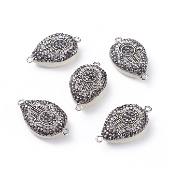 Polymer Clay Rhinestone Links connectors, with Cat Eye and Platinum Plated Brass Findings, teardrop, with Hamsa Hand/Hand of Fatima/Hand of Miriam, White, 30x18x7.5mm, Hole: 1.8mm