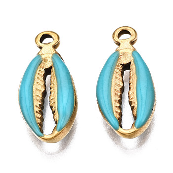 304 Stainless Steel Pendants, with Enamel, Spiral Shell, Golden, Turquoise, 17x8x3.5mm, Hole: 1mm