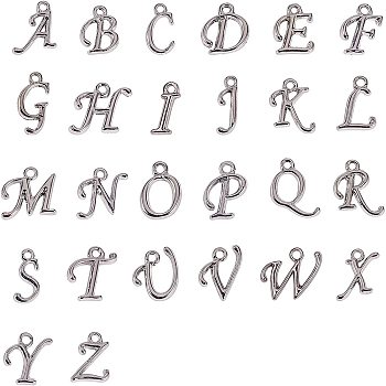 Alloy Letter Pendants, Rack Plating, Including Letter A~Z, Platinum, 12~17x4~15x2mm, Hole: 1.5mm, 8pcs/letter, 208pcs/set