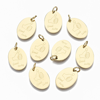 304 Stainless Steel Pendants, with Jump Rings, Oval with Word good lucky, Real 14K Gold Plated, 16x11.5x1mm, Jump Ring: 5x0.8mm, 3.4mm inner diameter