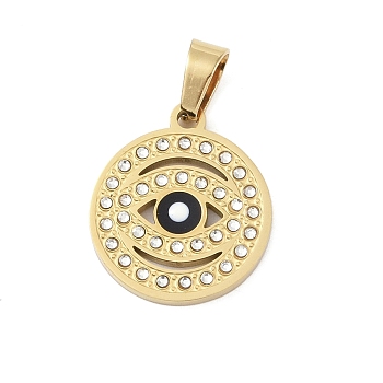 Ion Plating(IP) 304 Stainless Steel Enamel Rhinestone Pendants, Eye Charms, Real 18K Gold Plated, 21.5x19.5x2.5mm, Hole: 6.5x4mm