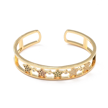 Colorful Cubic Zirconia Star Open Cuff Bangle, Brass Jewelry for Women, Cadmium Free & Lead Free, Real 18K Gold Plated, Inner Diameter: 2-1/4 inch(5.8cm)
