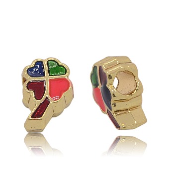 Nickel Free & Lead Free Golden Alloy Enamel European Beads, Long-Lasting Plated, Large Hole Clover Beads, Colorful, 16x10x7mm, Hole: 5mm