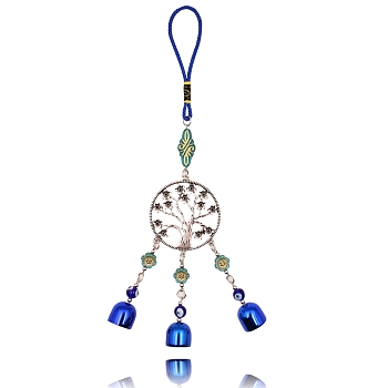 Alloy Flat Round with Tree of Life Pendant Decorations, Evil Eye and Bell Car Hanging Decoration, Blue, 275x55mm