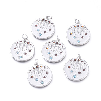 Brass Micro Pave Cubic Zirconia Pendants, with Jump Rings, Long-Lasting Plated, Cadmium Free & Lead Free & Nickel Free, Flat Round with Star, Colorful, Platinum, 22x20x2mm, Hole: 3.4mm