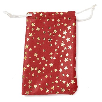 Gold Stamping Christmas Velvet Storage Bags, Drawstring Bags, Rectangle, Red, Star, 16x10x0.01cm