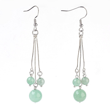 Natural Green Aventurine Dangle Earrings, with 304 Stainless Steel Earring Hooks and Iron Eye Pins, Round, 77~78mm, Pendant: 57~58mm, Pin: 0.6mm