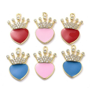 Brass Micro Pave Clear Cubic Zirconia Pendants, with Enamel, Real 18K Gold Plated, Heart with Crown Charms, Mixed Color, 23.8x15.5x3mm, Hole: 1.8mm