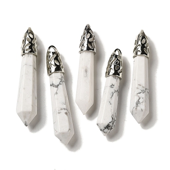 Natural Howlite Pointed Big Pendants, Faceted Bullet Charms with Rack Plating Platinum Plated Brass Findings, 56~65x11~11.5x10~10.5mm, Hole: 4X3mm