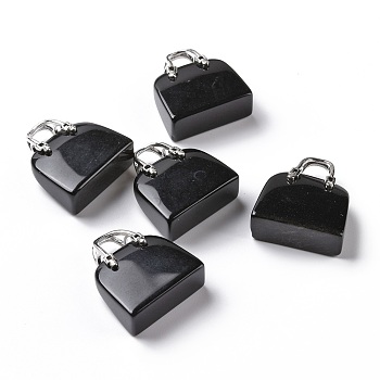 Natural Black Obsidian Brass Pendants, Platinum, Bag, 27.5x25x10mm, Hole: 6mm