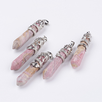 Natural Rhodochrosite Big Pointed Pendants, with Alloy Findings, Faceted, Bullet, Platinum, 59~63x11~12mm, Hole: 4x7mm