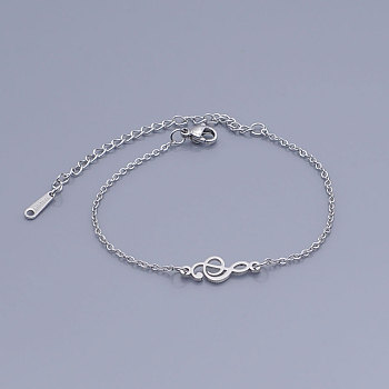 201 Stainless Steel Link Bracelets, with Lobster Claw Clasps, Treble Clef, Stainless Steel Color, 6-3/4 inch(17~17.1cm)