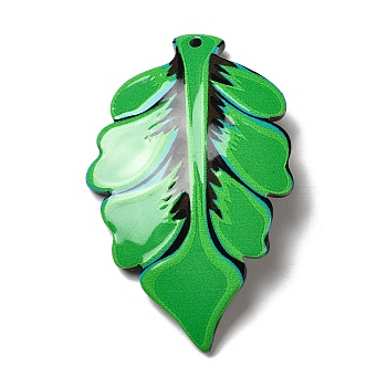 Opaque Acrylic Pendants, Leaf Charm, Green, 56x35x2.5mm, Hole: 1.8mm