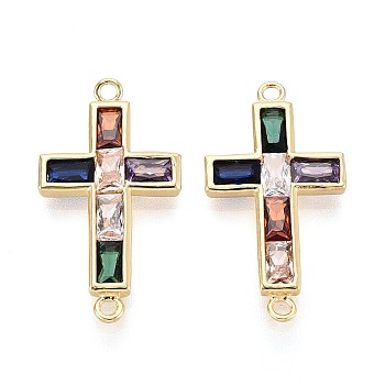 Brass Pave Colorful Cubic Zirconia Links, Religion Cross Connector Charms, Real 16K Gold Plated, 28x15x2.5~3mm, Hole: 1.5~1.6mm