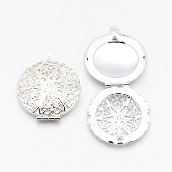 Flat Round Brass Diffuser Locket Pendants, Photo Frame Charms for Necklaces, Silver Color Plated, 27x7mm, Hole: 2mm