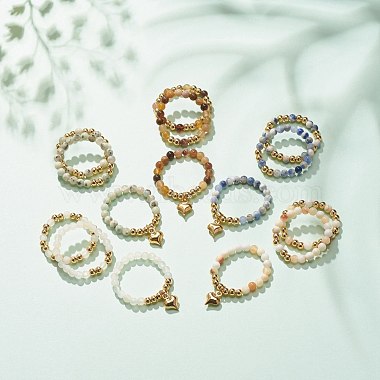 3 Uds. 3 anillos de dedo con cuentas de latón y piedras preciosas naturales de estilo con 304 colgantes de corazón de acero inoxidable para mujer(RJEW-JR00470)-2