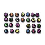 Opaque Black Acrylic Beads, Horizontal Hole, Flat Round with Mixed Color Letter, Random Mixed Letters, 7x4mm, Hole: 1.6mm, about 3600pcs/500g(MACR-N008-17)