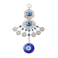 Glass Turkish Blue Evil Eye Pendant Decoration, with Alloy Flower & Flat Round Design Charm, for Home Wall Hanging Amulet Ornament, Antique Silver, 230~240mm, Hole: 13.5x10mm(HJEW-I008-01AS)