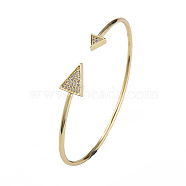 Cubic Zirconia Triangle Open Cuff Bangle, Real 18K Gold Plated Brass Jewelry for Women, Clear, Inner Diameter: 2-3/8 inch(6cm)(BJEW-N012-027)