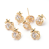Brass Micro Pave Cubic Zirconia Stud Earrings, Mouse, Clear, Real 18K Gold Plated, 17x12.5x7.5mm, Pin: 0.8mm(EJEW-F243-01G)