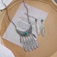 Vintage Ethnic Bohemian Style Alloy & Resin Pendant Necklace & Dangle Earrings Sets, Antique Silver, Feather, 500mm(FS-WGADC17-01)