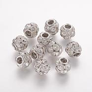 Brass Beads, with Grade A Rhinestone, Rondelle, Platinum, Crystal, 8x8mm, Hole: 2mm(RB-K050-8mm-A03)