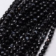 Natural Black Striped Agate/Banded Agate Beads Strands, Faceted, Dyed, Round, Black, 6mm, Hole: 1mm, about 62pcs/strand, 15 inch(G-G581-6mm-03)