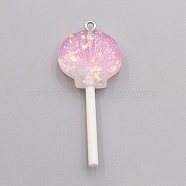 Resin Pendants, with Platinum Tone Iron Loop and Paillette/Sequins, Plastic Handle, Shell Lollipop, Pearl Pink, 50x20x10mm(RESI-WH0025-12F)