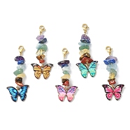 Butterfly Alloy Enamel Pendant Decorations, with Natural Gemstone Chips and 304 Stainless Steel Lobster Claw Clasps, Mixed Color, 57mm(HJEW-JM01192)