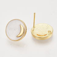 Brass Stud Earring Findings, with Enamel and Loop, Flat Round with Moon, Real 18K Gold Plated, Nickel Free, Creamy White, 14x4mm, Hole: 1mm, Pin: 1mm(X-KK-N216-37G-03-NF)