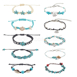 10Pcs 10 Style Synthetic Turquoise & Natural Shell & Seed Braided Bead Bracelet & Anklet, Alloy Starfish Ocean Theme Jewelry Set for Women, Mixed Color, Inner Diameter: 3~9cm, 1Pc/style(AJEW-AN0007-10)