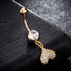 Brass Cubic Zirconia Navel Ring, Belly Rings, with 304 Stainless Steel Bar, Cadmium Free & Lead Free, Real 18K Gold Plated, Heart, Clear, 34x12mm, Bar: 15 Gauge(1.5mm), Bar Length: 3/8"(10mm)(AJEW-EE0004-12)