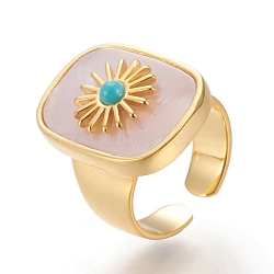 Brass Cuff Rings, Open Rings, with Natural Shell & Turquoise, Long-Lasting Plated, Real 18K Gold Plated, Rectangle with Sun, Size 7, Inner Diameter: 17mm(RJEW-P016-01B-01G)