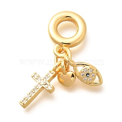 Brass Clear Cubic Zirconia Cross & Eye & Heart European Dangle Charms, Large Hole Pendants, Real 18K Gold Plated, 29mm, Hole: 5mm(KK-U048-21G)