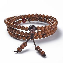 3-Loop Wrap Style Buddhist Jewelry, Bulinga Keva Mala Bead Bracelets/Necklaces, Round, Saddle Brown, 540mm(WOOD-N010-020)