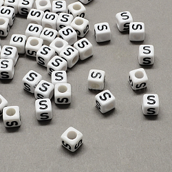 Large Hole Acrylic Letter European Beads, Horizontal Hole, White & Black, Cube with Letter.S, 6x6x6mm, Hole: 4mm(X-SACR-Q103-6mm-01S)