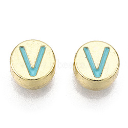 Alloy Enamel Beads, Cadmium Free & Lead Free, Flat Round with Initial Letters, Light Gold, Sky Blue, Letter V, 8x4mm, Hole: 1.6mm(ENAM-S122-029V-A-RS)