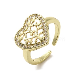 Rack Plating Brass with Clear Cubic Zirconia Cuff Rings, Lead Free & Cadmium Free, Long-Lasting Plated, Real 18K Gold Plated, Heart, US Size 6 3/4(17.1mm)(RJEW-G308-01E-G)