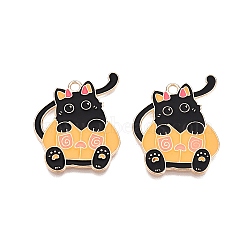 Halloween Theme Alloy Enamel Pendants, Cadmium Free & Lead Free, Light Gold, Cat with Pumpkin Charm, Black, 29.5x24x1mm, Hole: 2mm(PALLOY-N176-33-RS)