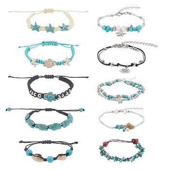 10Pcs 10 Style Synthetic Turquoise & Natural Shell & Seed Braided Bead Bracelet & Anklet, Alloy Starfish Ocean Theme Jewelry Set for Women, Mixed Color, Inner Diameter: 3~9cm, 1Pc/style
