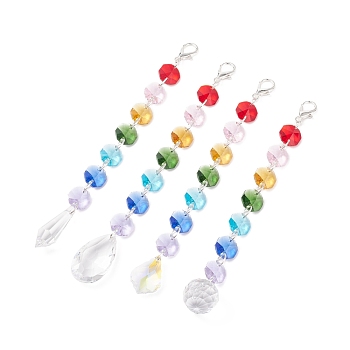 Electroplate Octagon Glass Beaded Pendant Decorations, Suncatchers, Rainbow Maker, with Alloy Lobster Claw Clasps, Clear Faceted Glass Pendants, Mixed Patterns, 175~190mm, Pendant: 23.5~38x19~37x9.5~21mm