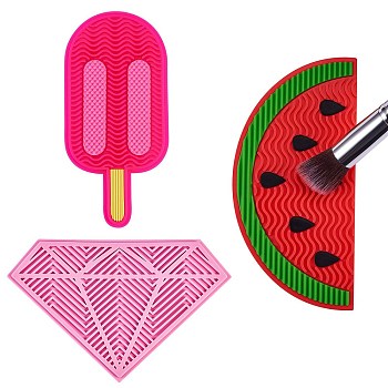3Pcs 3 Style Silicone Makeup Cleaning Brush Scrubber Mat Portable Washing Tool, with Suction Cup, Ice Cream & Watermelon & Diamond, Mixed Color, 7.3~15.2x7.1~15x1.1~1.2cm, 1pc/style