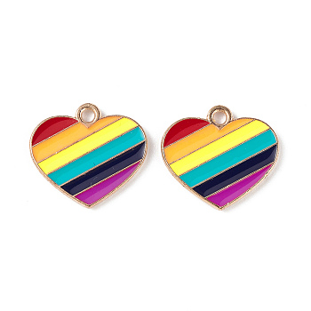 Rainbow Color Pride Alloy Enamel Pendants, Heart Charms, Light Gold, Colorful, 16x17.7x1.5mm, Hole: 2mm