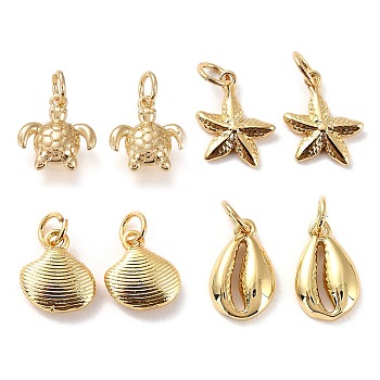 8Pcs 4 Style Brass Charms, Long-Lasting Plated, Cadmium Free & Lead Free, Shell & Sea Turtle & Starfish, Golden, 9~12.3x6.5~11x2~3mm, Hole: 2.5~3mm, 2pcs/style