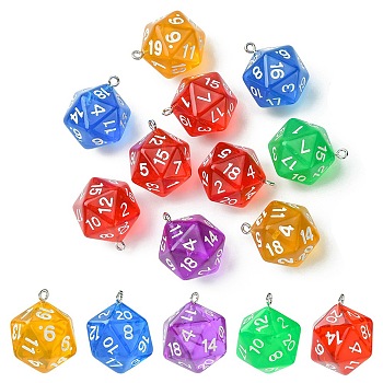 Opaque Acrylic Pendants, with Platinum Plated Iron Findings, Faceted, Polyhedral Dice, D20, Mixed Color, 27.5x20x20mm, Hole: 2mm, about 10pcs/bag