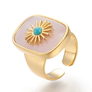 Brass Cuff Rings, Open Rings, with Natural Shell & Turquoise, Long-Lasting Plated, Real 18K Gold Plated, Rectangle with Sun, Size 7, Inner Diameter: 17mm